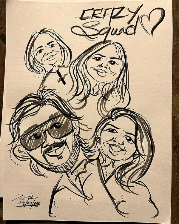 The 'Crazy Squad' captured in a fun group caricature. This is a perfect way to remember a fun time with friends at a party.