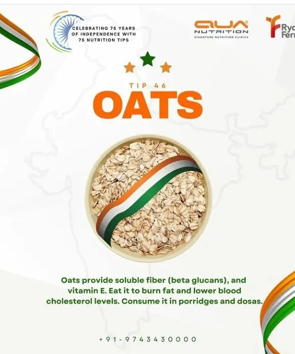 Oats are a fantastic source of soluble fiber, particularly beta-glucans, which help lower cholesterol and burn fat. I often suggest consuming them as porridge or dosas for a nutritious, well-balanced meal to start your day.