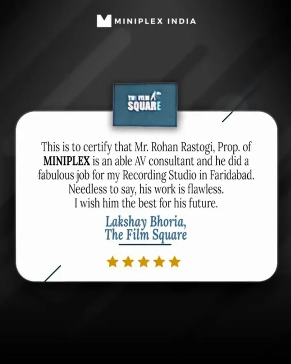 We are proud to share this testimonial from Lakshay Bhoria of The Film Square. It was a pleasure to provide our AV consulting services for his recording studio, and we're thrilled he considers our work "flawless."