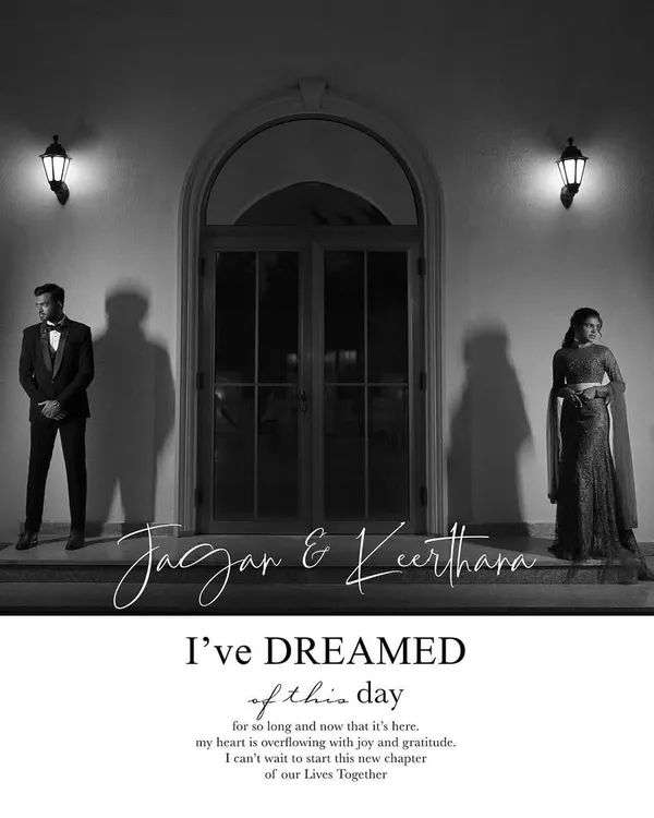 A dramatic black and white portrait of the couple at their reception, titled "I've dreamed of this day." This image captures the elegance and romance of the evening.