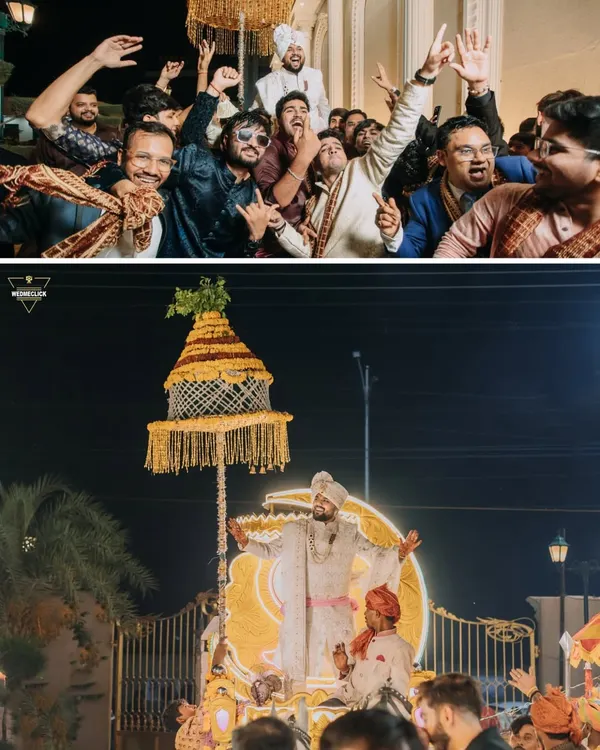 The groom's baraat is a party on wheels. This collage captures the groom and his friends dancing with high energy on their way to the wedding venue.