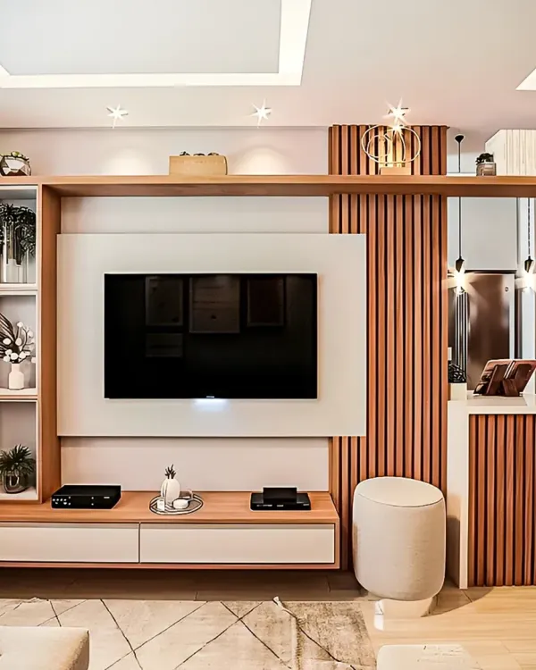 This asymmetrical TV unit combines light wood with white surfaces for a fresh, Scandinavian-inspired look. The vertical wood slats on the right add texture, while the open shelving provides space for decor.