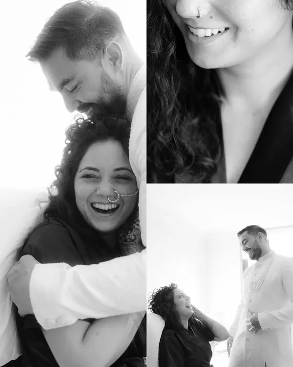 A black and white collage capturing the spontaneous laughter and affection between Monika and Francisco during a quiet moment, showcasing their genuine connection.