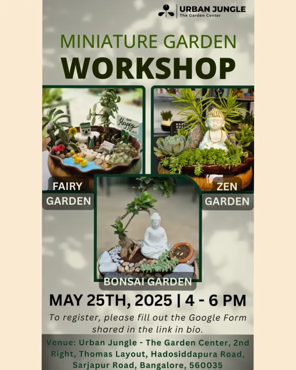 Here are all the details for our next Miniature Garden Workshop. You can choose between creating a whimsical Fairy Garden, a peaceful Zen Garden, or a structured Bonsai Garden. All materials are provided, so you just need to bring your creativity.