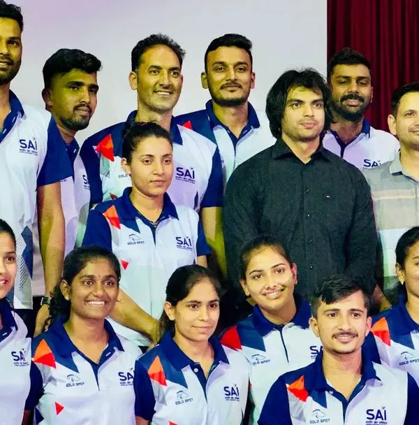 A group photo with Olympic gold medalist Neeraj Chopra. His presence is a powerful reminder of what can be achieved with dedication and perseverance, inspiring all our athletes at SAI.