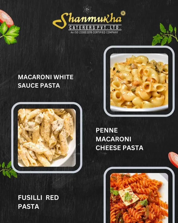 A selection of our delicious pasta offerings, including Macaroni in White Sauce, Penne Macaroni Cheese Pasta, and Fusilli in Red Sauce.