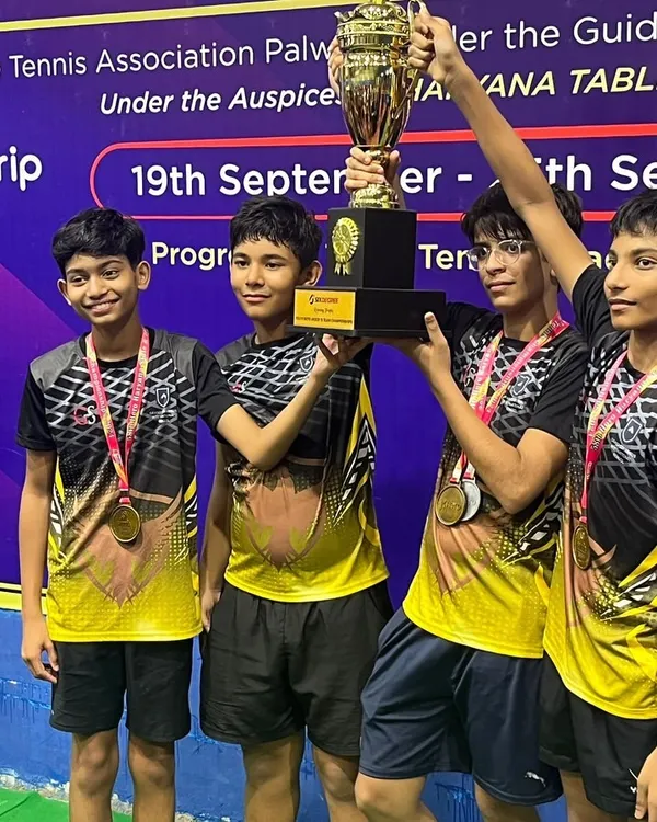 Our young team from Ignite Academy celebrating their victory at the 2024 Haryana State Table Tennis Championship. Their collective effort resulted in an impressive haul of medals and the team trophy.