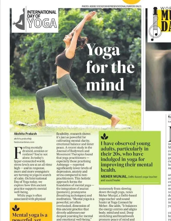I was so grateful to be featured in the Hindustan Times for my work with 'Yoga for the mind'. It's wonderful to see the mental and emotional benefits of yoga being highlighted.