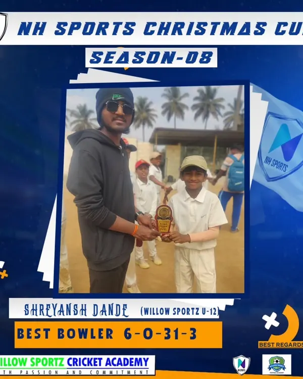Celebrating Shreyansh Dande, who was named Best Bowler in the NH Sports Christmas Cup for his excellent figures. Our players are trained to perform in competitive tournament settings.