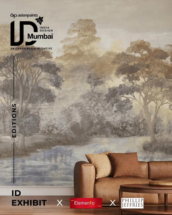 This Phillip Jeffries mural transforms a living room into a tranquil riverscape. The soft, painterly quality of the design creates a serene and immersive atmosphere, perfectly complementing the natural leather and earthy tones of the furniture.