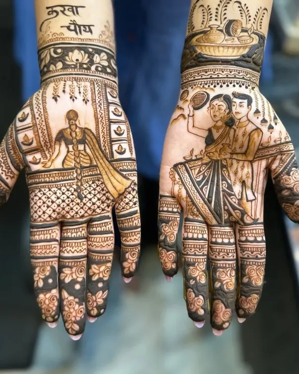 This Karwa Chauth special design tells a beautiful story. I specialize in creating detailed figurative mehandi that captures the emotion of your special day, with a guarantee of a deep, rich color.