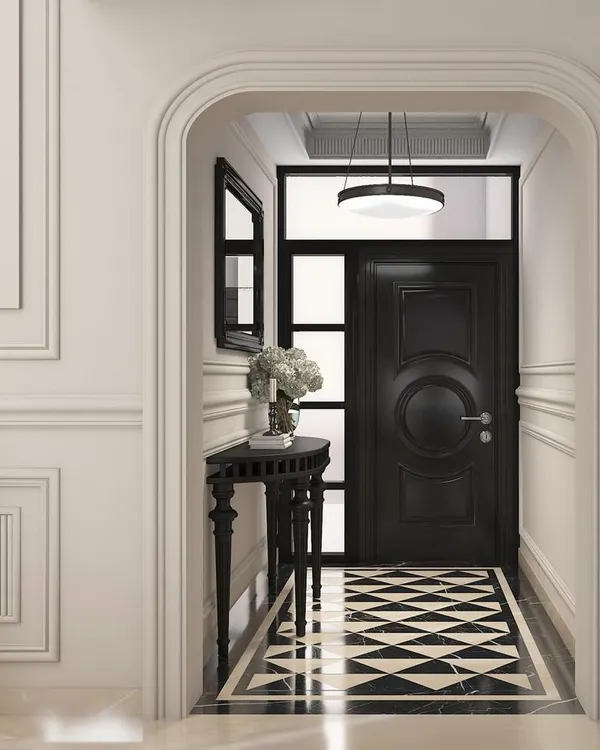 A rendering of a classic and dramatic entryway. The design features a black door, a black-and-white marble inlay floor, and elegant wall molding, creating a timeless and sophisticated entrance.
