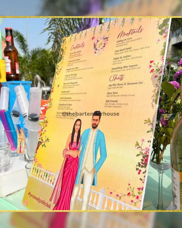 A beautifully illustrated custom bar menu. We work with you to design menus that feature caricatures of the couple and names for cocktails that tell your story.