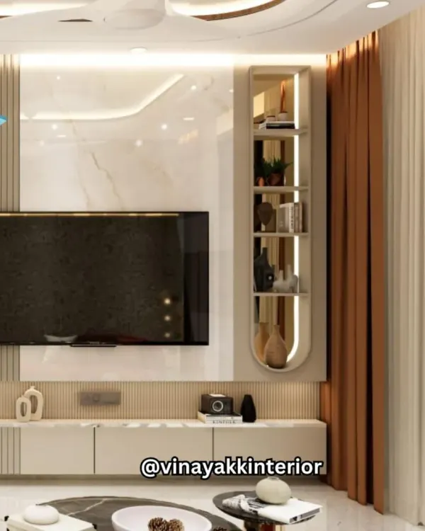 This TV unit combines a marble-finish backdrop with a sleek, low-profile console. I added a curved, illuminated display niche on the side for showcasing decor, turning the entire wall into a piece of functional art.