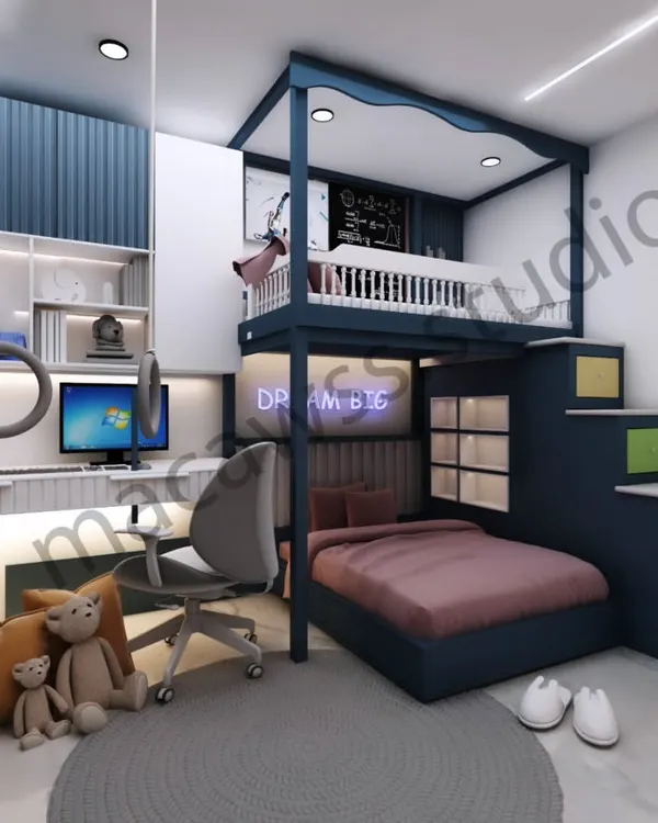 A fun and functional boy's bedroom with a loft bed, creating space for a second bed and storage below. The design includes a study desk and even gymnastic rings for active play.