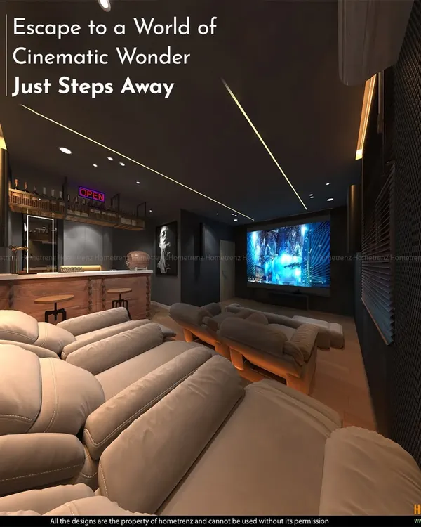 A complete private cinema featuring two tiers of plush recliner seating for optimal viewing. This dedicated space includes a custom-built bar and lounge area at the rear, transforming movie night into a premier social event.