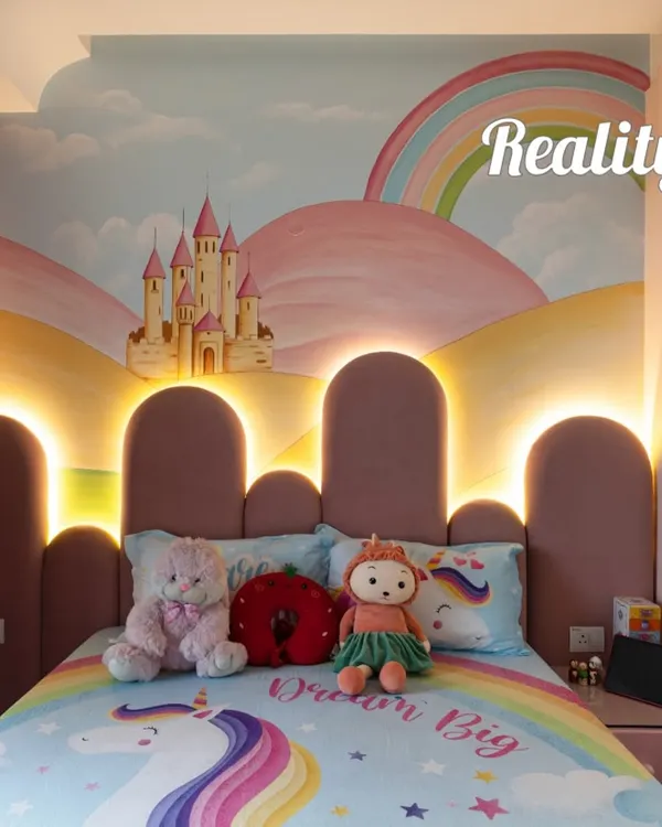 The final result of our fairy-tale theme kids' room, where the hand-painted castle mural and custom-lit headboard came to life exactly as visualized.
