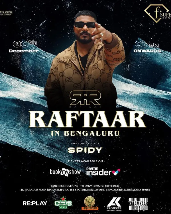 The official event poster for my supporting act for India's top hip-hop artist, Raftaar, at F Superclub. Being on the lineup with such icons is a regular part of my concert schedule.