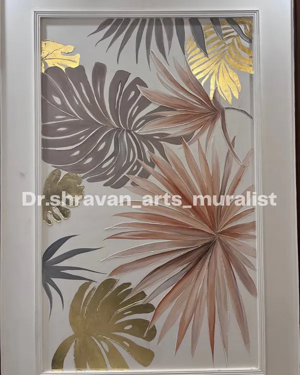 This framed artwork is a hybrid of painting, 3D piping, and gold foil application. The tropical leaves have a raised texture that catches the light differently, creating a piece that feels both organic and incredibly luxurious.