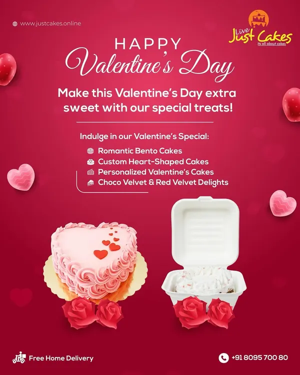 Our Valentine's Day special flyer, showcasing our romantic bento cakes, heart-shaped designs, and red velvet delights.