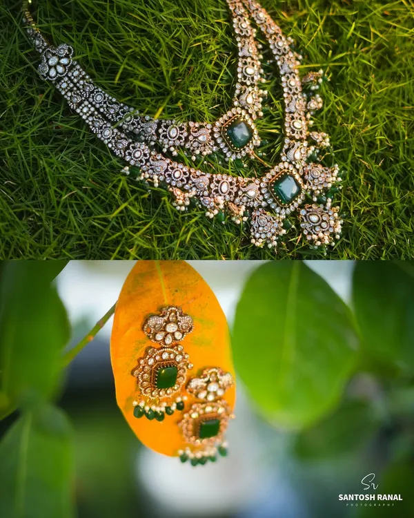 A creative diptych showcasing the intricate design of the bridal necklace and earrings against natural elements.