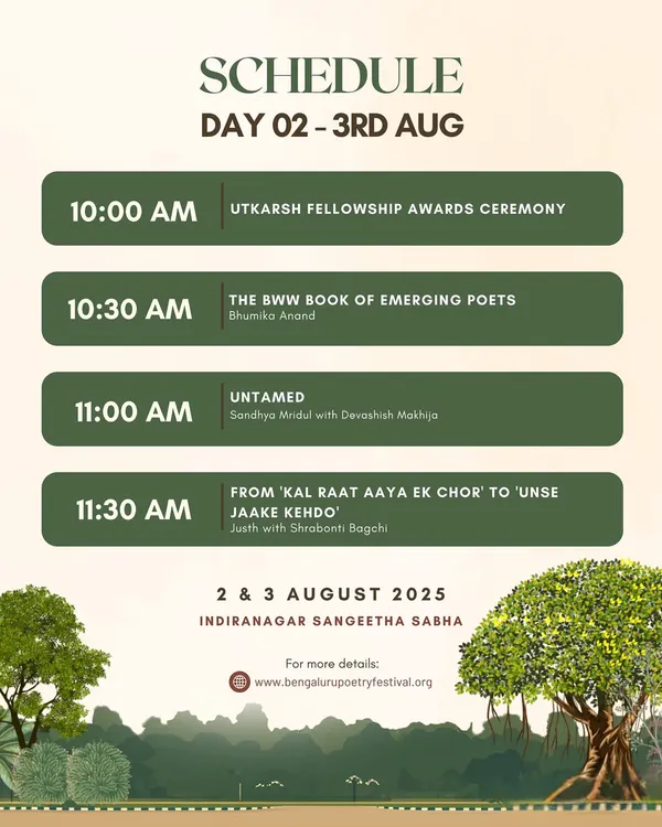 The schedule for Day 2 of the Bengaluru Poetry Festival. We are involved in bringing together a lineup of powerful poetry, lyrical journeys, and unforgettable performances.