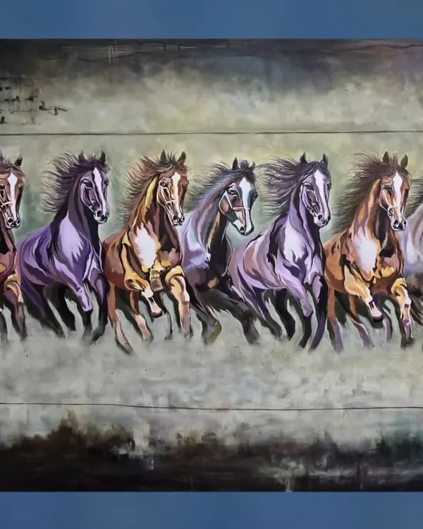 "THE RUNNING HORSES," a large 7 by 4 feet acrylic painting, is now available for purchase. The abstract style and energetic strokes capture the power and speed of these magnificent animals.