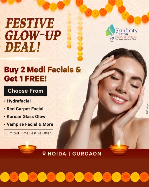 Our Festive Glow-Up Deal is here! Buy 2 Medi-Facials and get 1 free. Choose from our most popular options like Hydrafacial, Red Carpet Facial, and Korean Glass Glow to get radiant skin for the festive season.