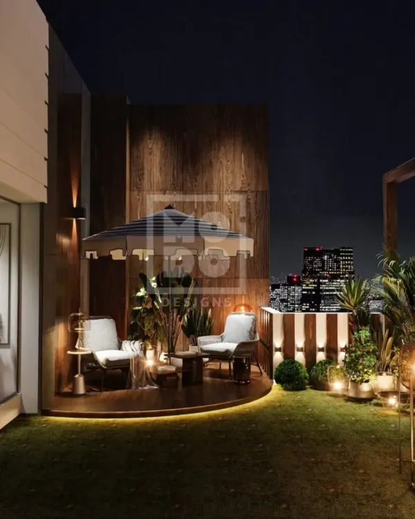 Breathe in the beauty of nature, right on your terrace. We designed this space as a green oasis in the heart of the city, with a raised wooden deck, comfortable seating, and ambient lighting.