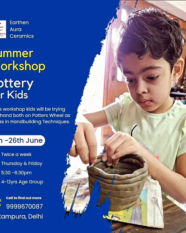 My summer workshops for kids are a great way for them to try both the potter's wheel and hand-building techniques. This poster features a young student focused on his coil pot.
