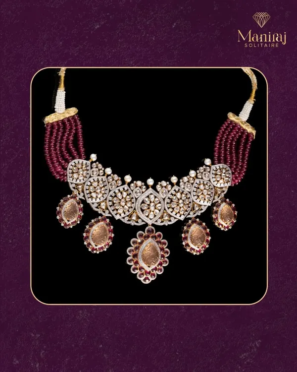 This chunky Polki necklace is a perfect balance of boldness and elegance. The design features uncut diamonds and ruby-colored beads, creating a statement piece that defines confident, royal style.