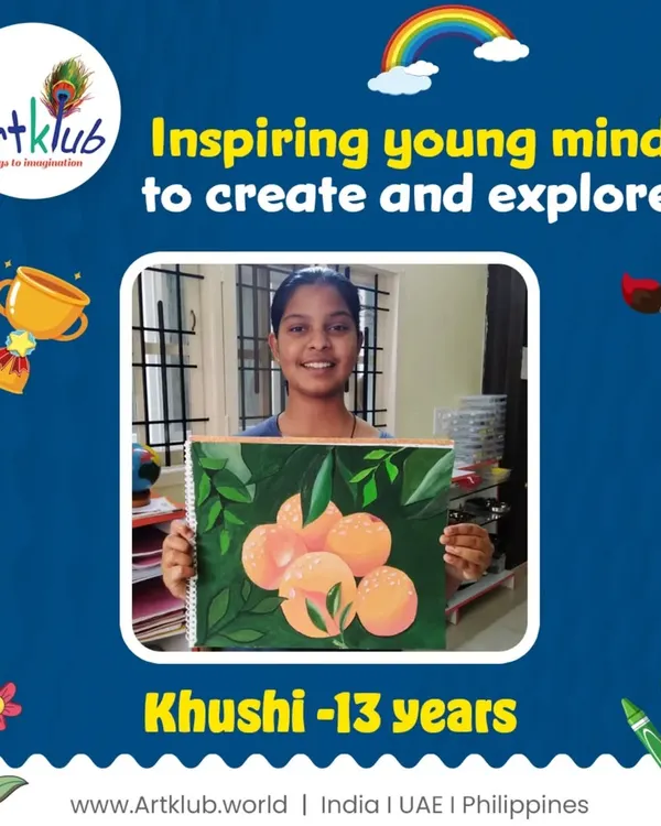 Thirteen-year-old Khushi inspires us with her beautifully realistic painting of oranges on a branch, showcasing advanced shading and composition.