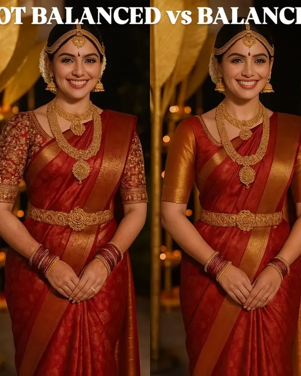 A side by side comparison showing how a simple change in blouse design creates a more balanced look. The heavy embroidery on the left widens the upper body, while the plain sleeve on the right creates a harmonious and proportionate silhouette for this South Indian bride.