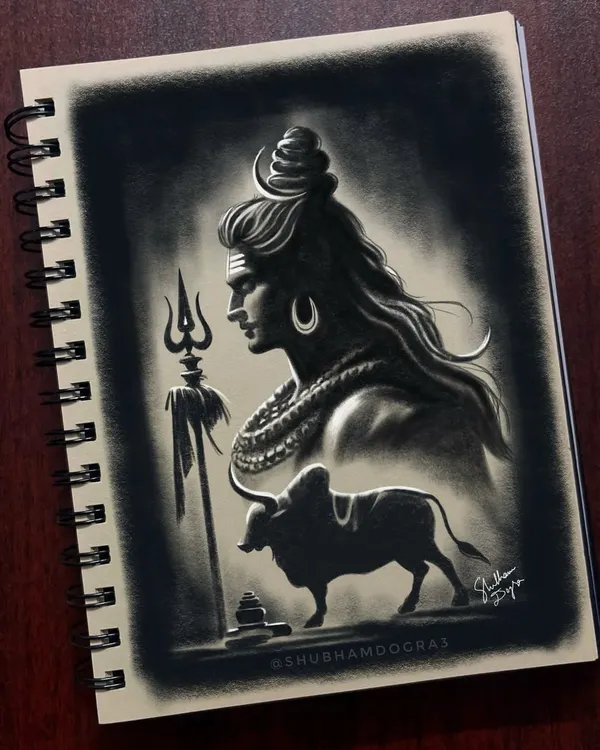 My charcoal drawing of Lord Shiva with his Trishula and Nandi. This piece is a student favorite, and I teach the shading techniques needed to create this sense of divine power.