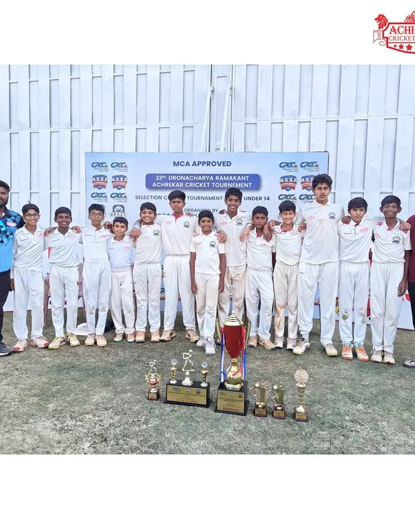 Our U-14 team with the championship trophy and individual awards after winning the 23rd Dronacharya Ramakant Achrekar Cricket Tournament. A proud moment for the players and coaches.