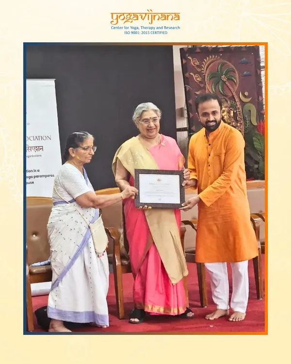 I was truly blessed to receive the Yoga Chikitsa Acharya recognition from two legendary figures in the field, Ma Hansaji Yogendra and Dr. Nagarathna. This honor motivates me to continue sharing the transformative power of yoga.