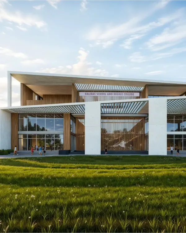 This is the main facade of an upcoming school and degree college in North Karnataka. We designed a prominent, angled pergola portal to create a grand and inviting entrance, setting a welcoming tone for the entire campus. The design balances modern forms with natural materials to create an inspiring learning environment.