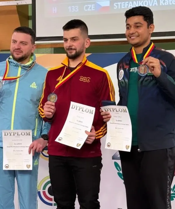 Our shooter Niraj Kumar on the podium at an international competition in Poland. We are proud to provide the mentorship that helps athletes reach the global stage.