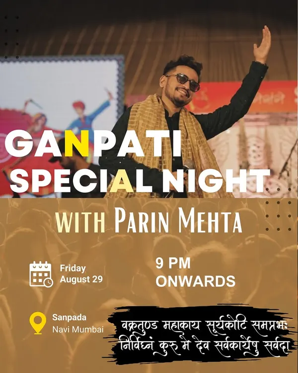 An event poster for a "Ganpati Special Night" in Navi Mumbai. I am often invited to perform at public Ganeshotsav events, where I blend devotional music with celebratory songs.