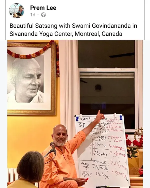Teaching a satsang at the Sivananda Yoga Center in Montreal. I use a whiteboard to break down complex Vedantic concepts, making the path of Jnana Yoga accessible to all.