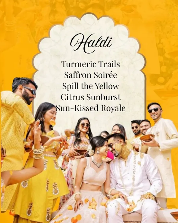 A fun-filled Haldi ceremony with the happy couple surrounded by friends and family. I love creating themes like 'Spill the Yellow' and 'Sun-Kissed Royale' to make the event unique.
