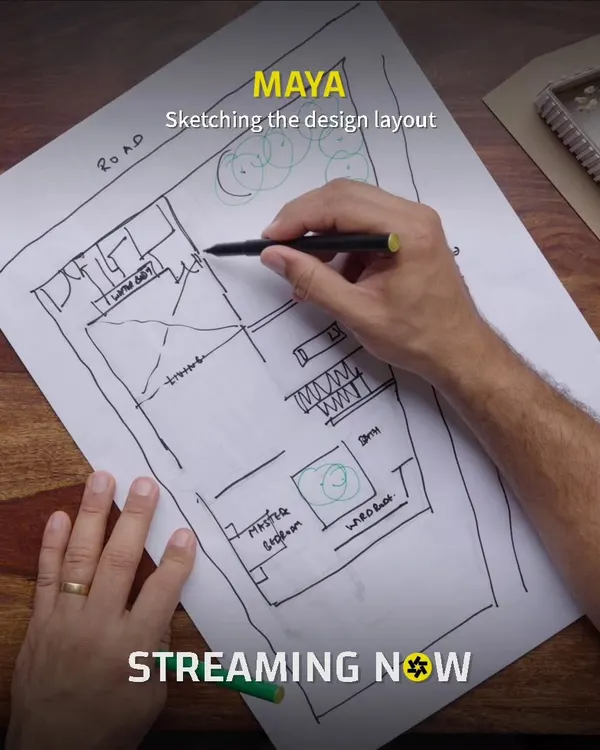 This is where it all begins. A simple hand-drawn sketch helps to quickly map out the basic layout and relationships between spaces, like this initial plan for the 'Maya' residence.
