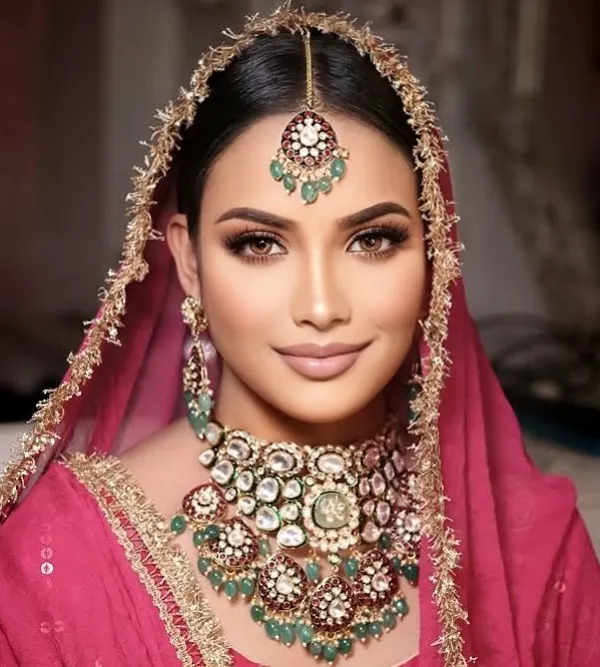 A complete bridal look featuring one of my signature heavy kundan and polki sets. This piece, with its intricate maroon beadwork and matching maang tikka and nath, is perfect for the bride who wants a grand, royal entrance.