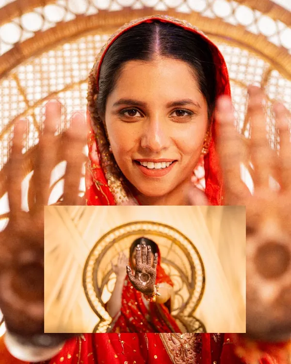 A creative "picture-in-picture" shot focusing on the bride's intricate henna design. This highlights our artistic approach to detail photography.