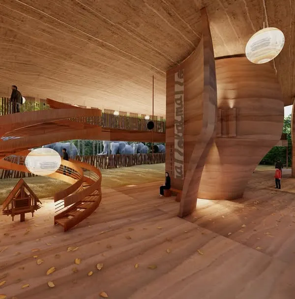 The interior of the Elephant Pavilion is designed for multiple users, from forest guards to school groups. Movement is continuous, with rammed earth volumes expanding and contracting to create places to sit, observe, and interact without the need for traditional rooms.