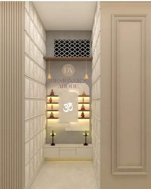 Even a narrow corridor can be transformed into a tranquil space for reflection. This 3D design shows a compact Mandir unit with soft, ambient lighting and clean lines, proving that a harmonious Puja corner can be created in any home, regardless of size.