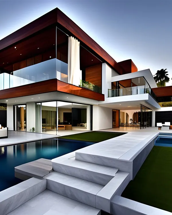 This modern villa design showcases our expertise in creating luxurious, open-concept homes that seamlessly blend indoor and outdoor living. The integration of a pristine swimming pool, expansive glass walls, and warm wood accents exemplifies our signature style of sophisticated, contemporary residential architecture.