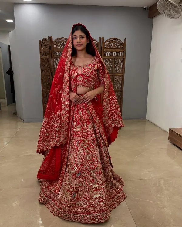 This is the bridal lehenga dreams are made of. A classic red with breathtakingly detailed embroidery all over, this pre-loved piece is for the bride who wants a timeless and royal wedding day look without the hefty price tag.