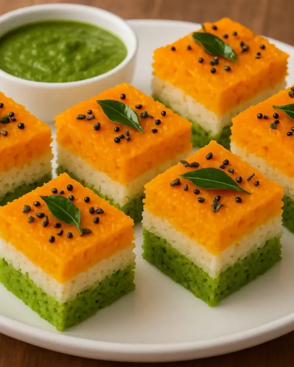 Our special Tiranga Dhokla, made for Independence Day. It's a patriotic twist on a classic Gujarati snack, soft, spongy, and flavorful.