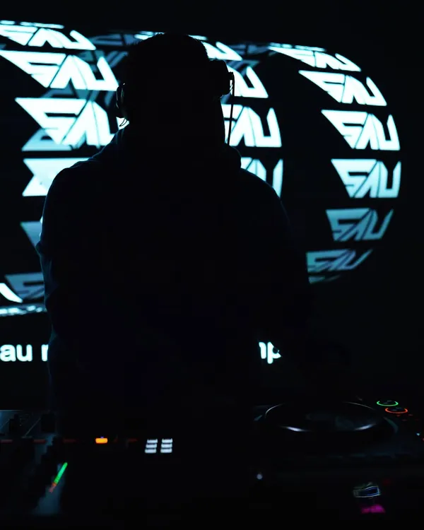 A silhouette against my signature 'SAU' globe visual. This shot captures the fusion of music and visuals that defines my sets, creating a powerful, immersive atmosphere.
